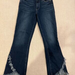 PAIGE Dark Blue Flare Jeans with Frayed Hem